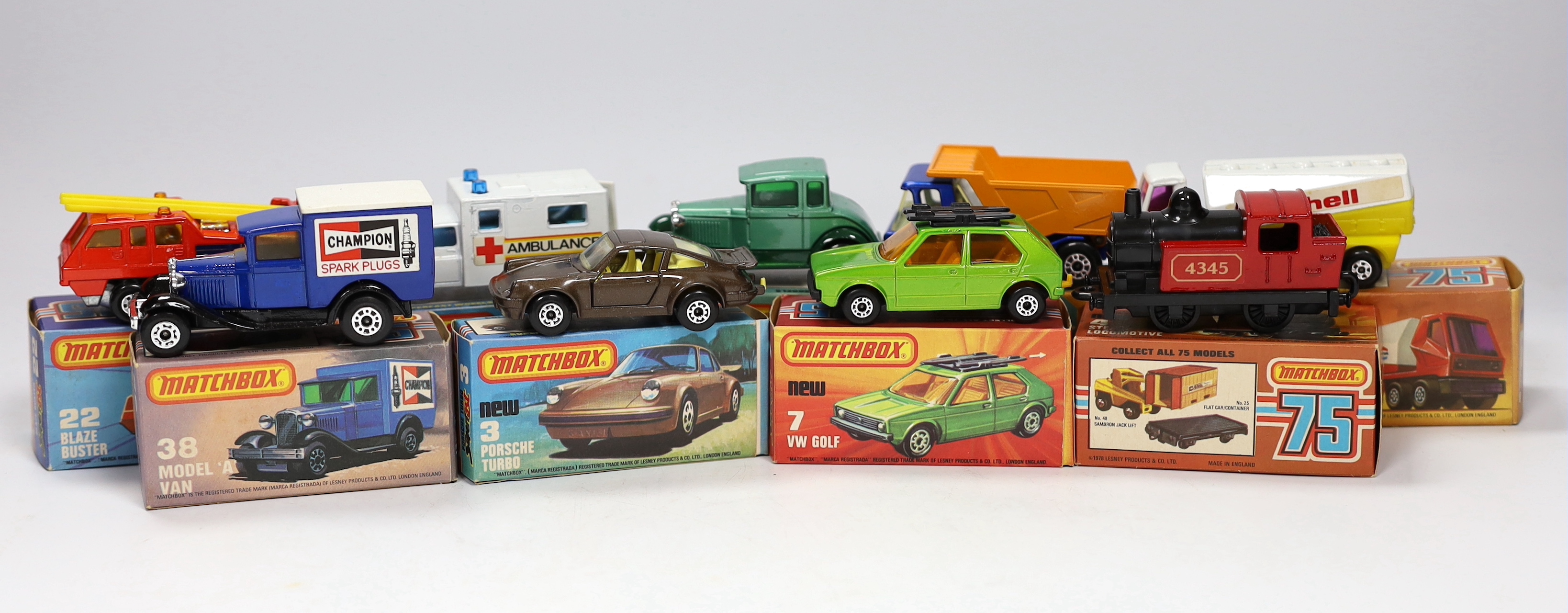 Thirteen boxed Matchbox Superfast 1-75 series diecast vehicles